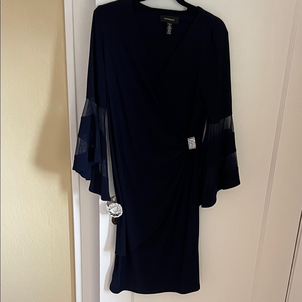 Navy long sleeve dress with rhinestone cinch